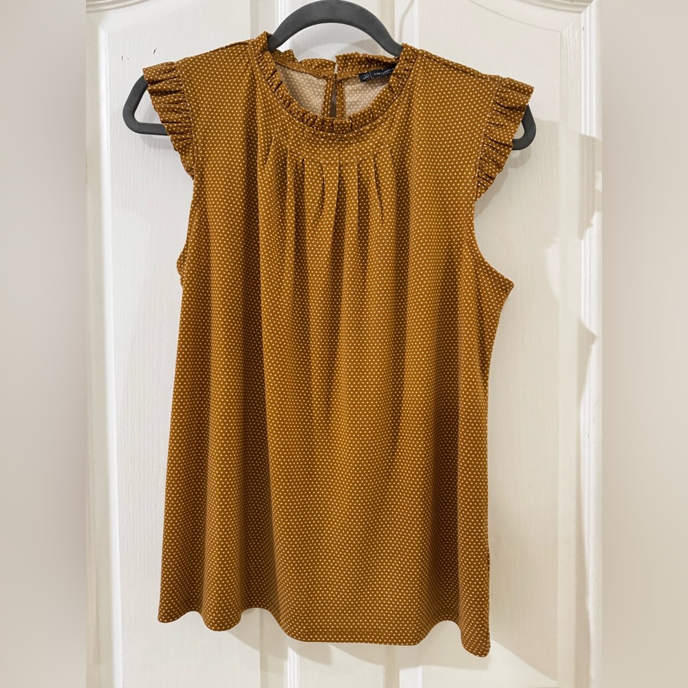 Adrianna Papell Mustard Polka Dot Ruffle-Yoke Sleeveless Top Boho